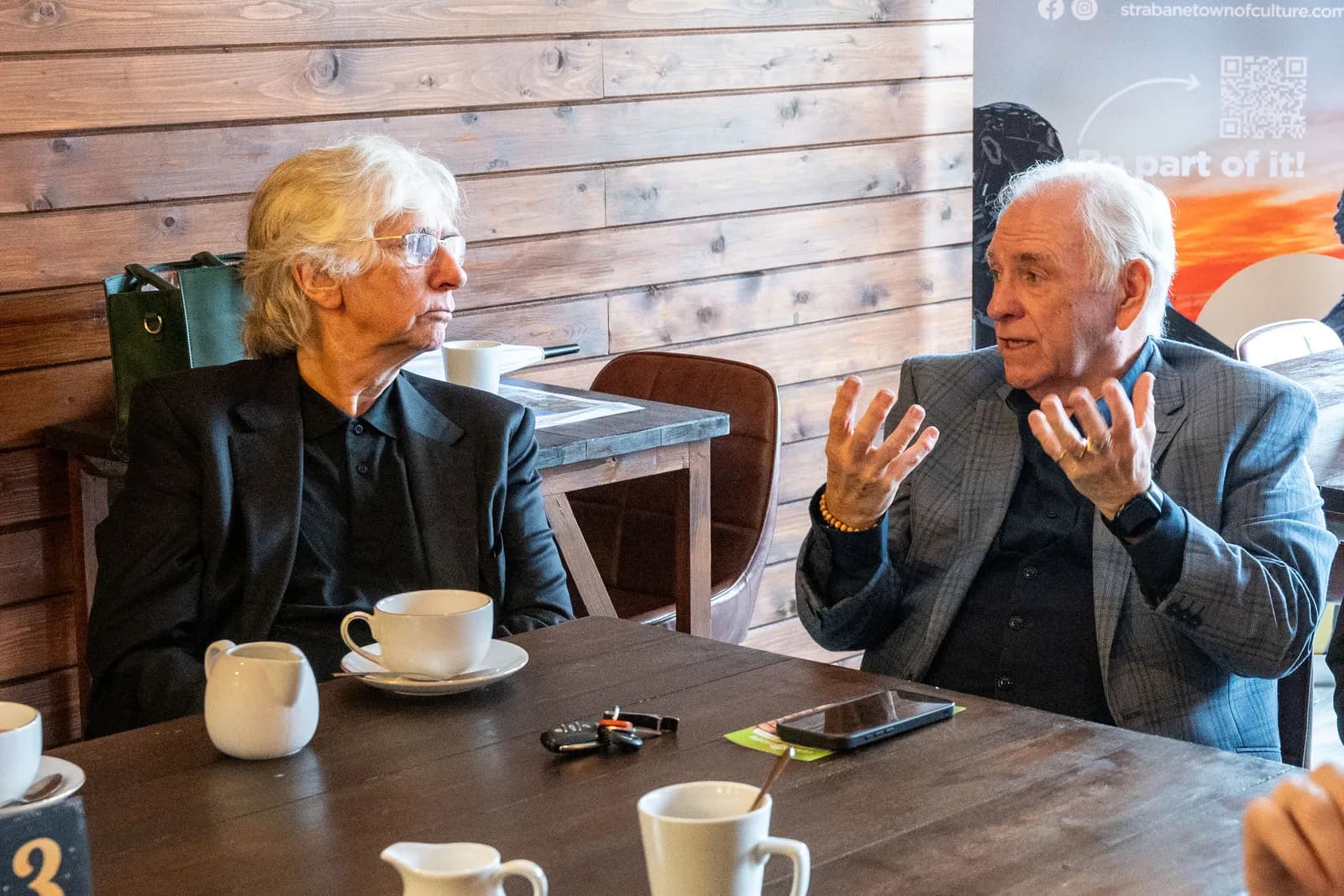 Sir Phil Redmond pictured meeting with Radio Ulster’s Hugo Duncan during a visit to Strabane this week.