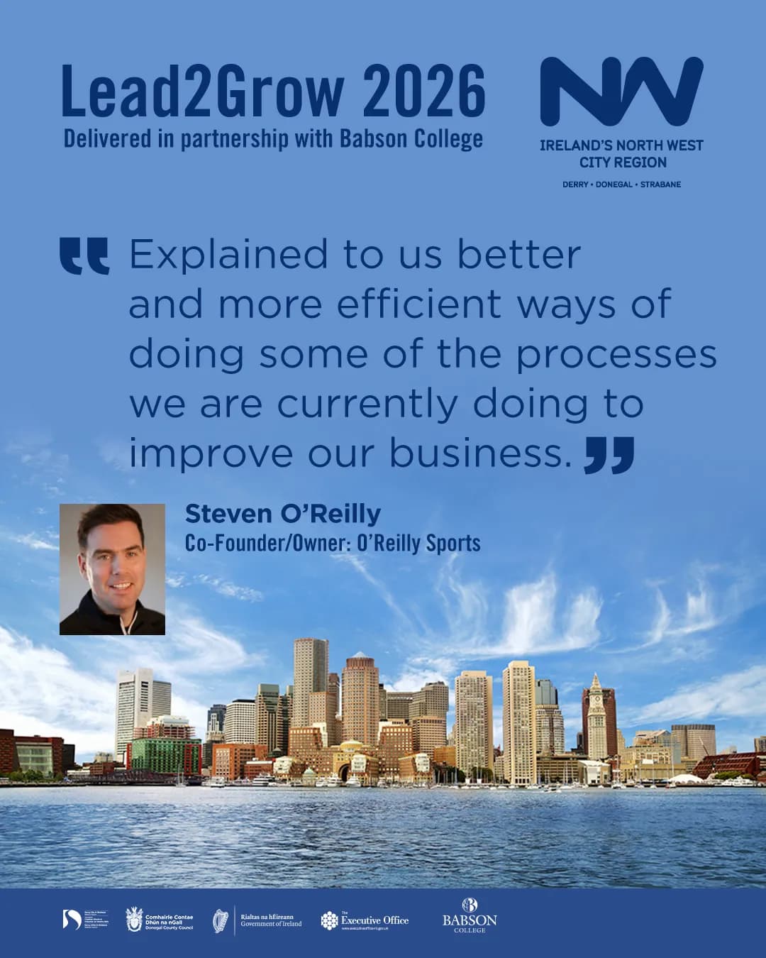 A magazine article hero image with a testimonial from Steven O'Reilly, co-founder of O'Reilly Sports, praising the Lead2Grow 2026 program, set against a backdrop of a city skyline across a body of water.